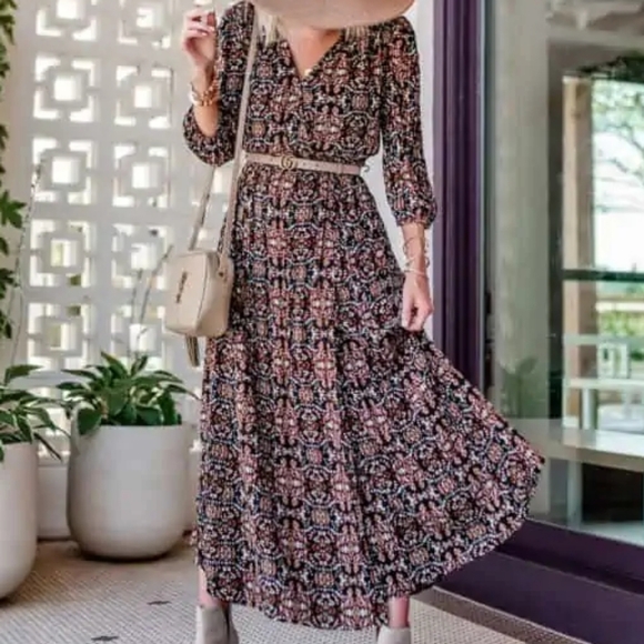 Knox Rose Black and Brown Maxi Wrap Boho Dress - Picture 2 of 9
